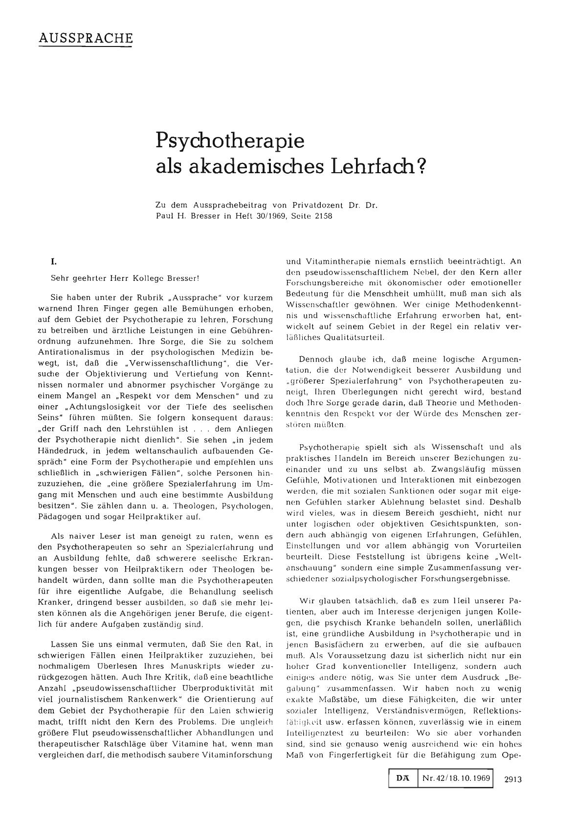 Vorschauseite 1: Psychotherapie als akademisches Lehrfach? : I.