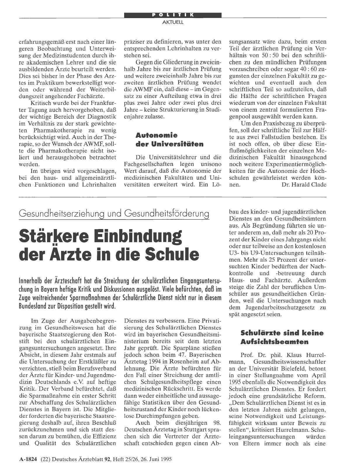 Vorschauseite 1: Gesundheitserziehung und Gesundheitsförderung: Stärkere Einbindung der Ärzte in die Schule
