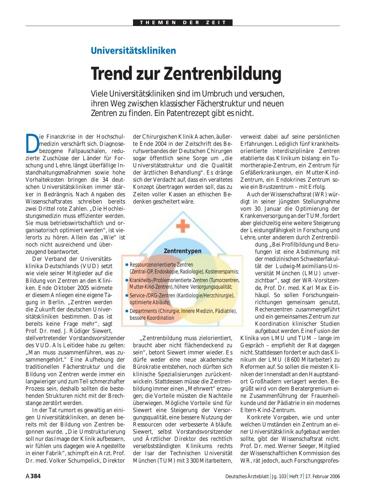 Vorschauseite 1: Universitätskliniken: Trend zur Zentrenbildung