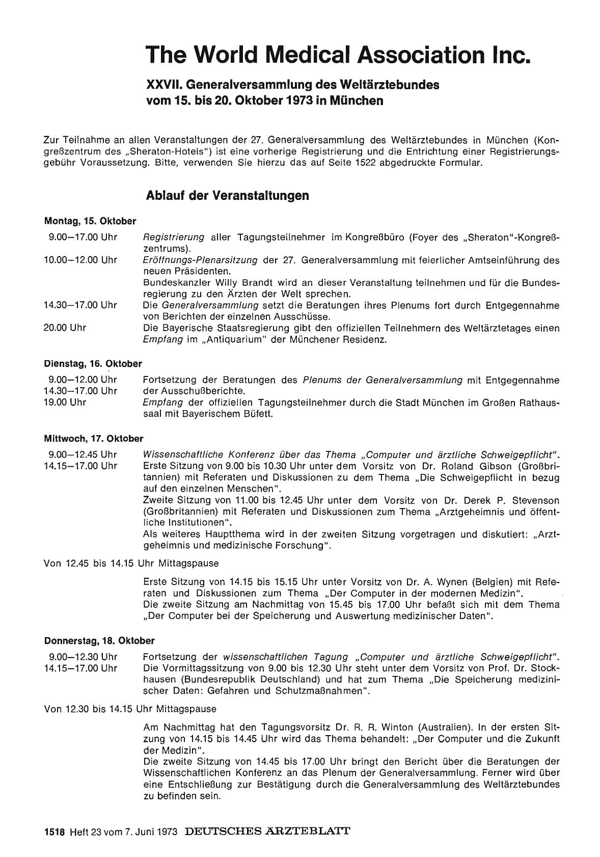 Vorschauseite 1: The World Medical Association Inc. : XXVII. Generalversammlung des Weltärztebundes vom 15. bis 20. Oktober 1973 in München