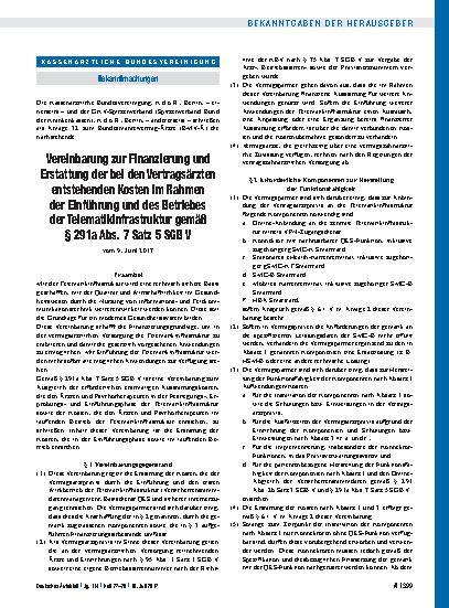 Vorschauseite 1: Vereinbarung zur Finanzierung und Erstattung der bei den Vertragsärzten entstehenden Kosten im Rahmen der Einführung und des Betriebes der Telematikinfrastruktur gemäß § 291a Abs.…