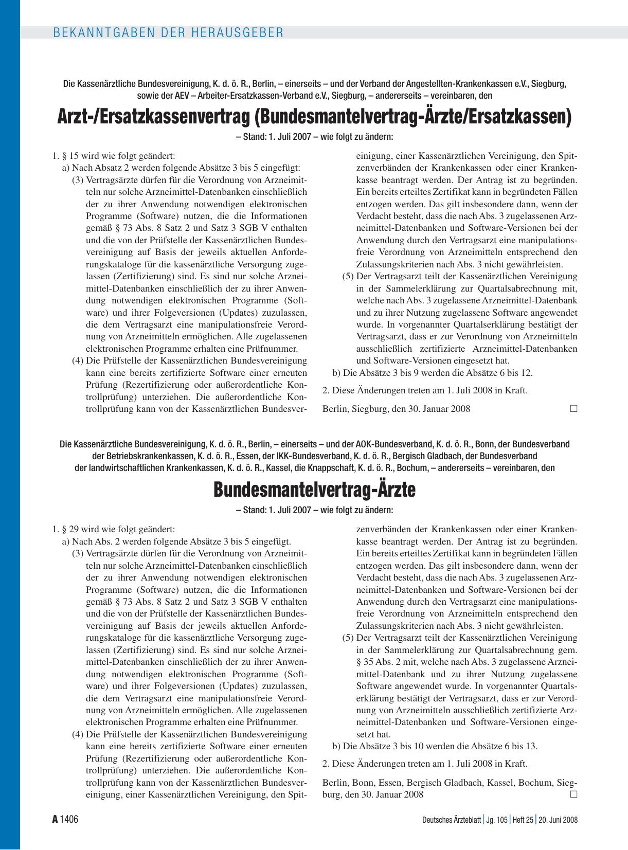 Vorschauseite 1: Die Kassenärztliche Bundesvereinigung, K. d. ö. R. , Berlin, – einerseits – und der AOK-Bundesverband, K. d. ö. R. , Bonn, der Bundesverband der Betriebskrankenkassen, K. d. ö. R.…