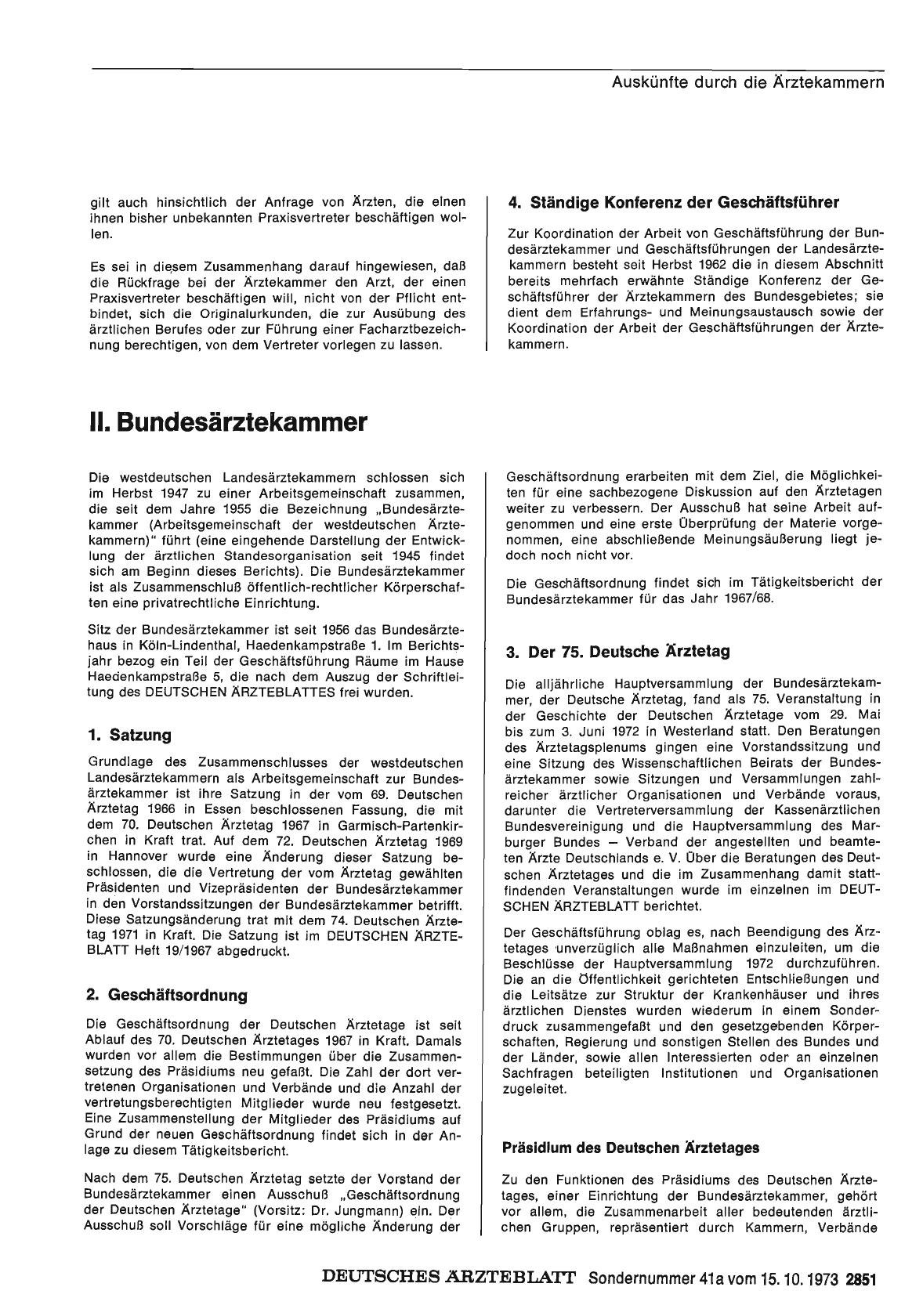 Vorschauseite 1: Bericht über das Jahr 1972/73: L. Die ärztliche Standesorganisation: II. Bundesärztekammer