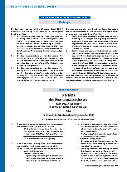 Vorschauseite 1: Beschluss des Bewertungsausschusses nach § 87 Abs. 1 Satz 1 SGB V in seiner 578. Sitzung am 15. Dezember 2021