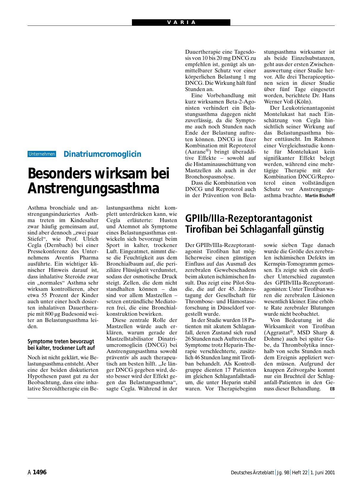 Vorschauseite 1: GPIIb/IIIa-Rezeptorantagonist Tirofiban bei Schlaganfall günstig