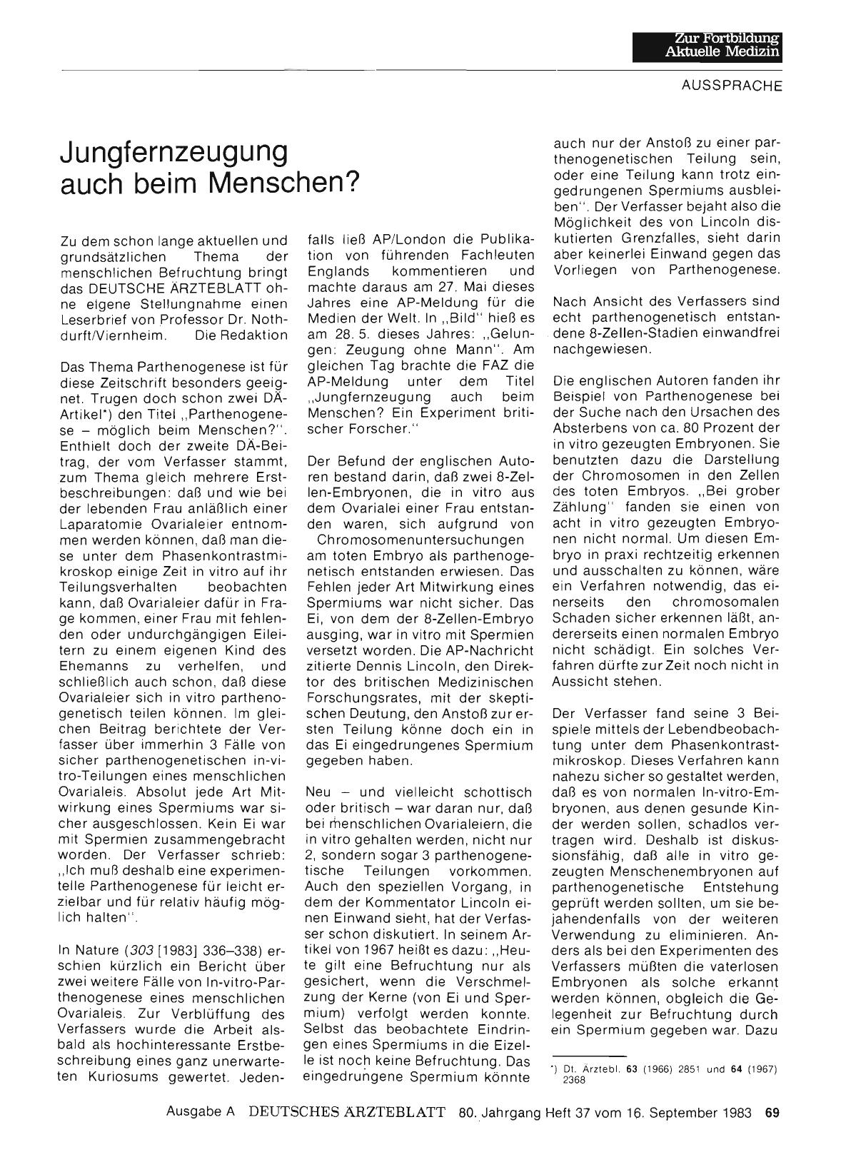 Vorschauseite 1: Jungfernzeugung auch beim Menschen? : Stellungnahme