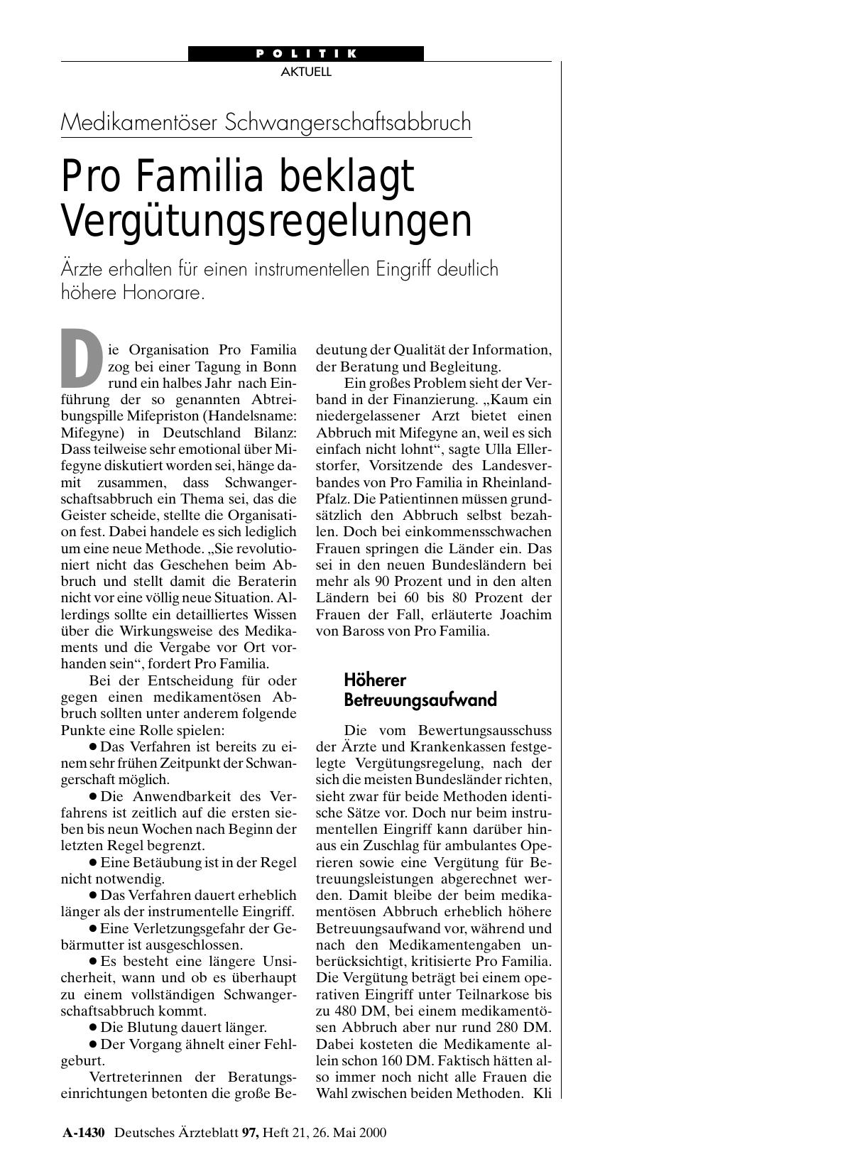 Vorschauseite 1: Medikamentöser Schwangerschaftsabbruch: Pro Familia beklagt Vergütungsregelungen