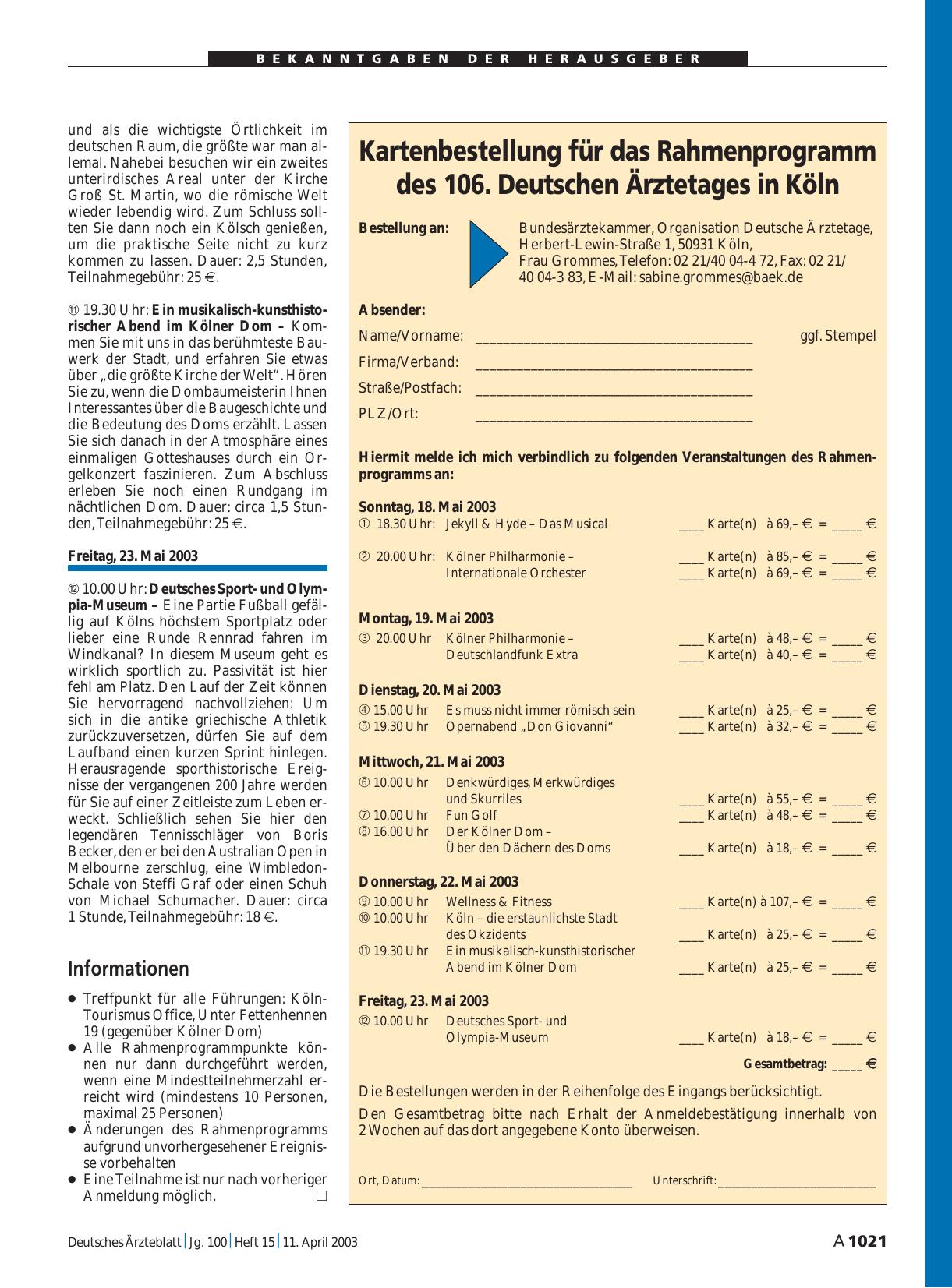 Vorschauseite 1: Kartenbestellung für das Rahmenprogramm des 106. Deutschen Ärztetages in Köln