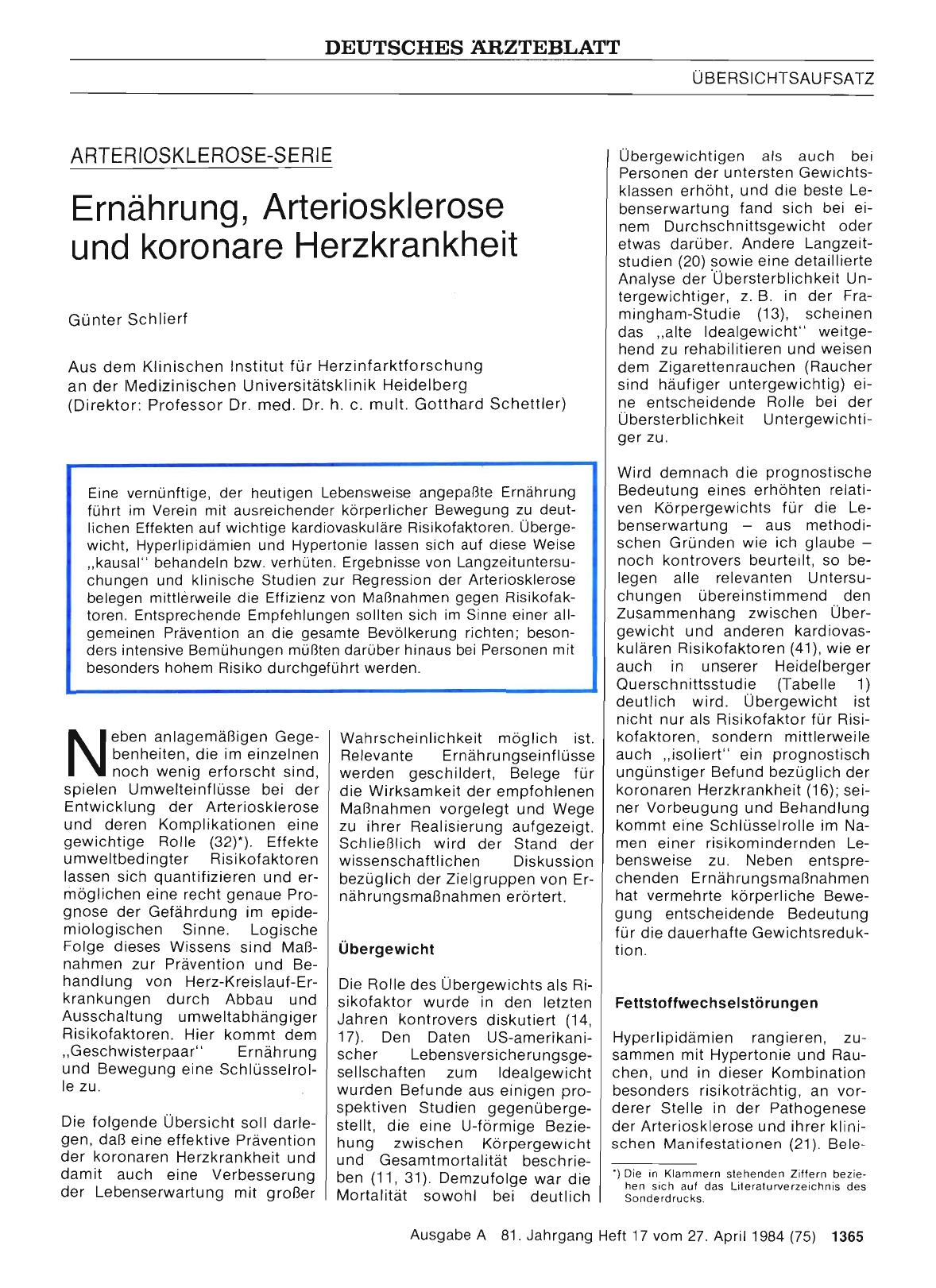 Vorschauseite 1: Ernährung, Arteriosklerose und koronare Herzkrankheit