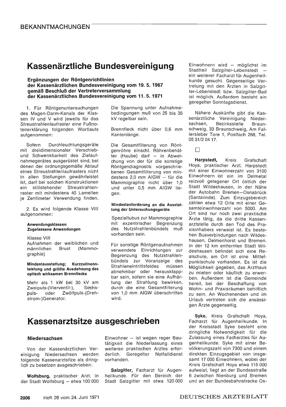 Vorschauseite 1: Kassenärztliche Bundesvereinigung: Ergänzungen der Röntgenrichtlinien der Kassenärztlichen Bundesvereinigung vom 19. 5. 1967 gemäß Beschluß der Vertreterversammlung der Kassenärzt…