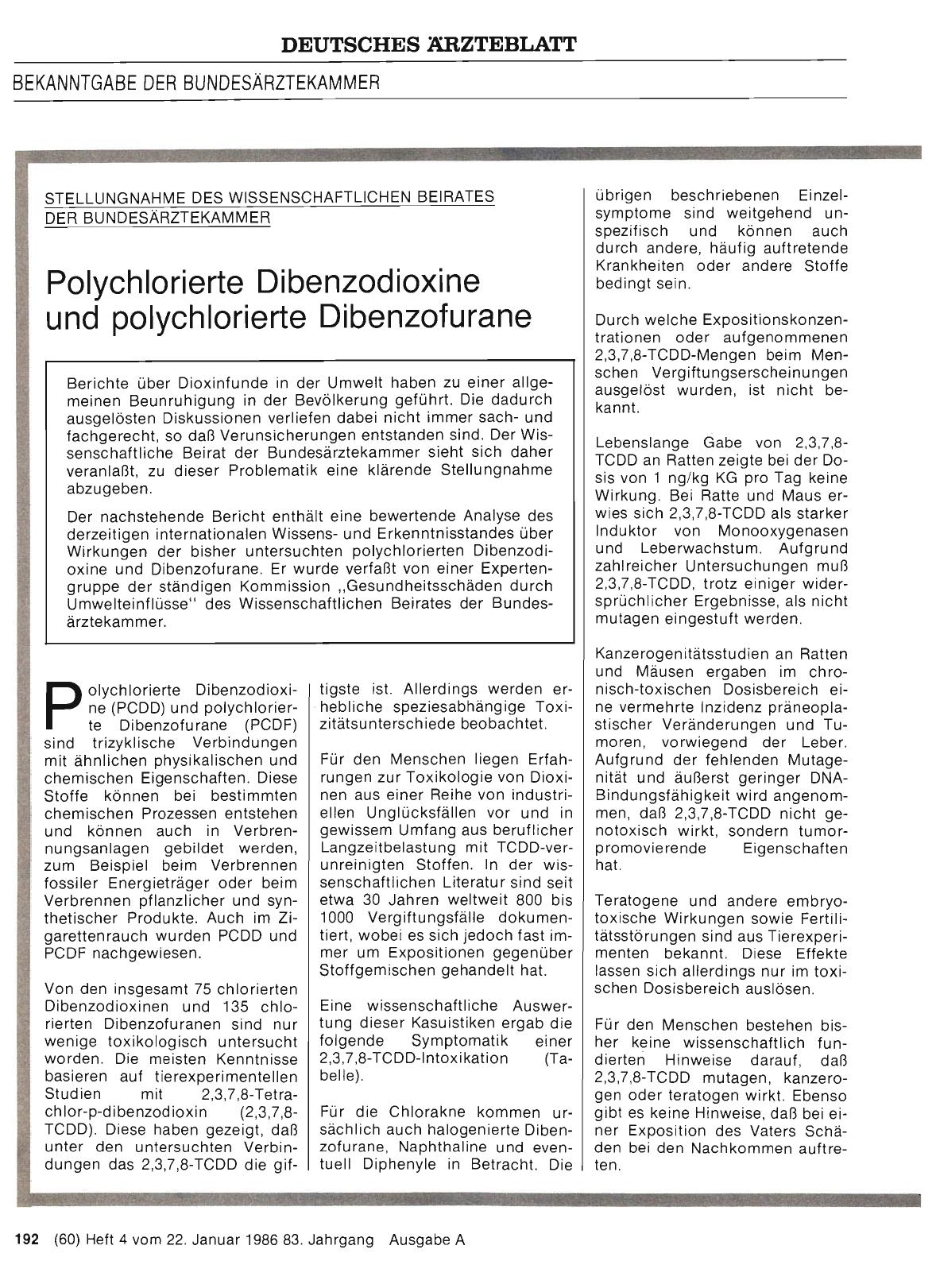Vorschauseite 1: STELLUNGNAHME DES WISSENSCHAFTLICHEN BEIRATES DER BUNDESARZTEKAMMER: Polychlorierte Dibenzodioxine und polychlorierte Dibenzofurane