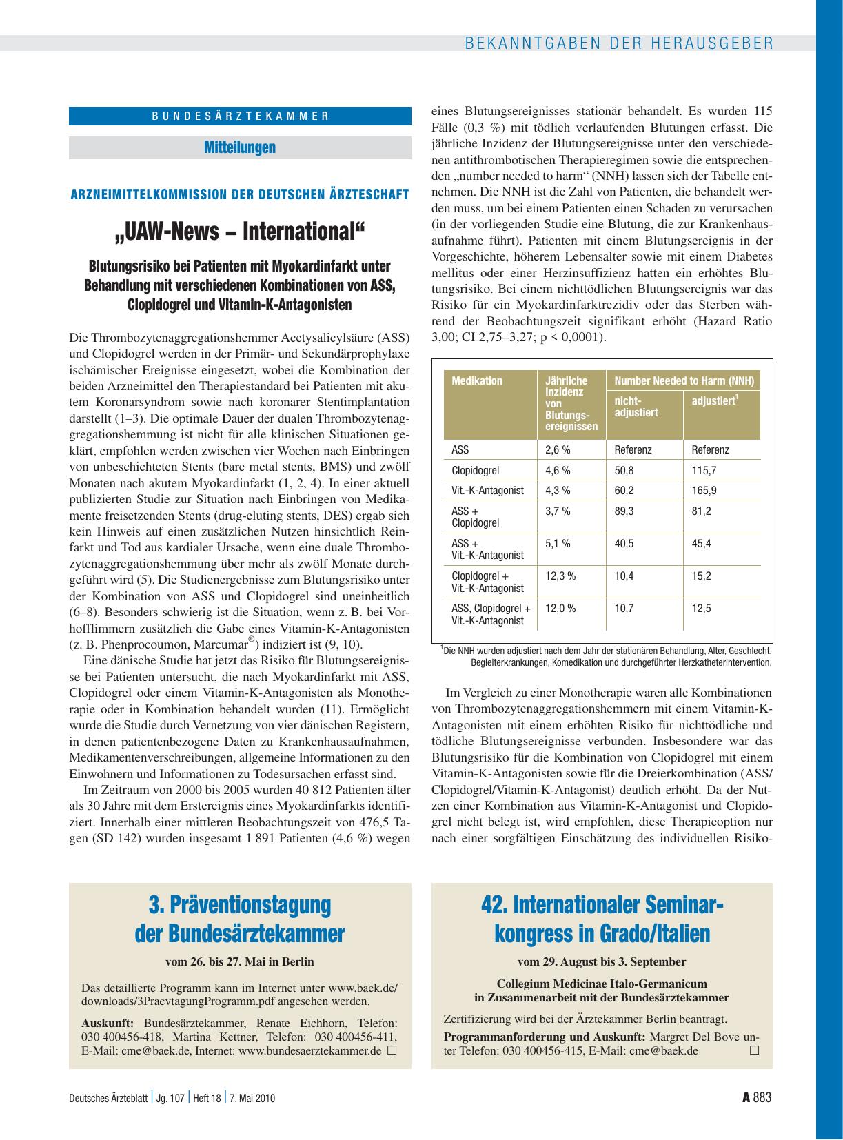Vorschauseite 1: „UAW-News - International“: Blutungsrisiko bei Patienten mit Myokardinfarkt unter Behandlung mit verschiedenen Kombinationen von ASS, Clopidogrel und Vitamin-K-Antagonisten