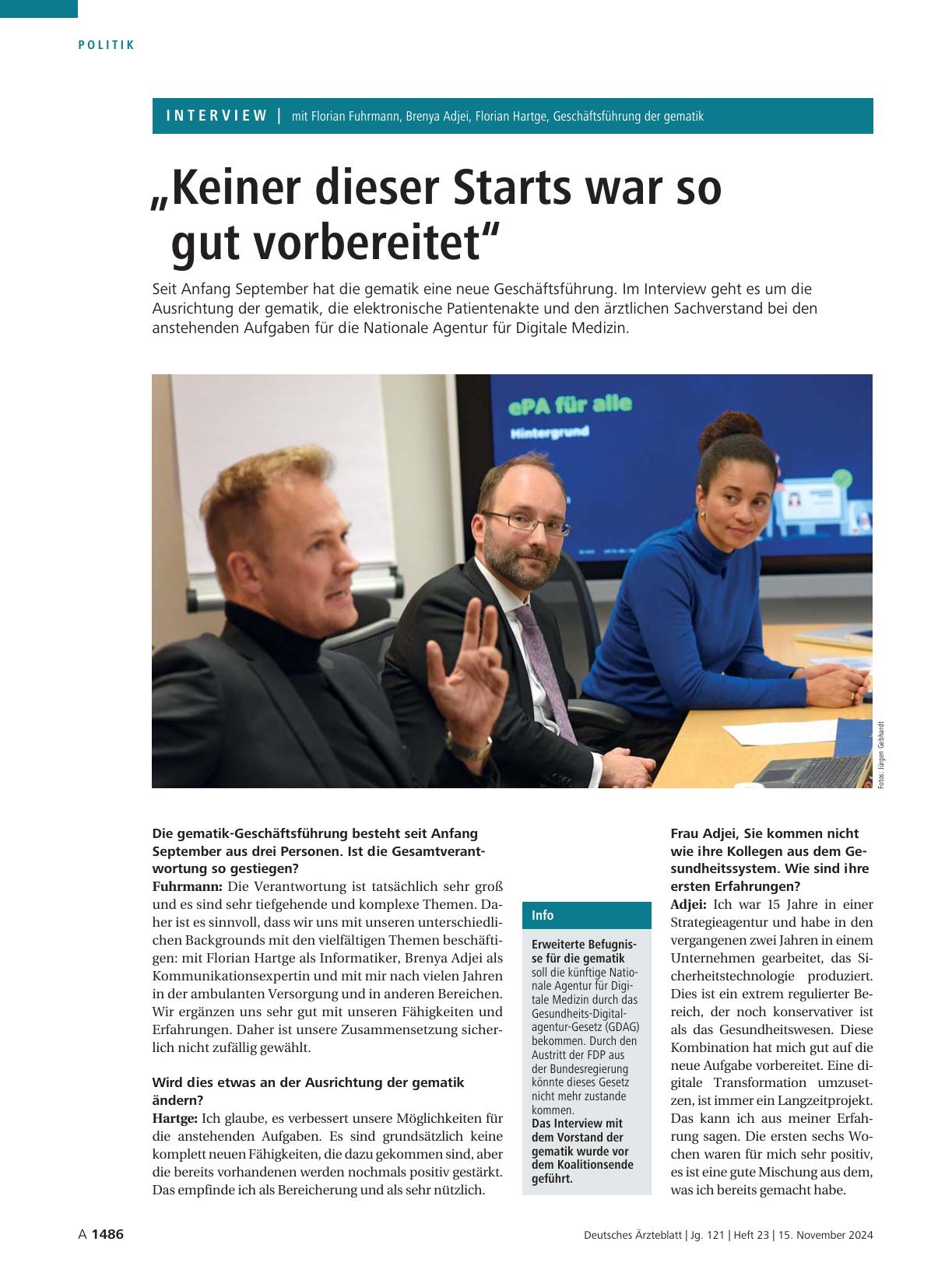 Vorschauseite 1: Interview mit Florian Fuhrmann, Brenya Adjei, Florian Hartge, Geschäftsführung der gematik: „Keiner dieser Starts war so gut vorbereitet“