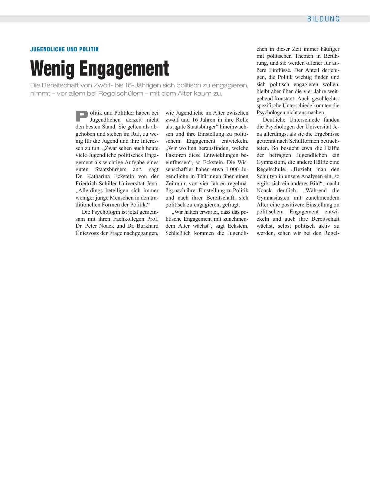 Vorschauseite 1: Jugendliche und Politik: Wenig Engagement