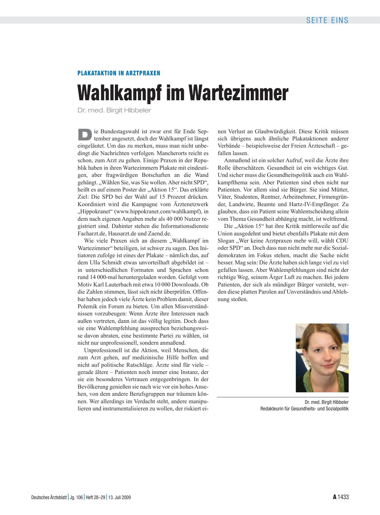 Vorschauseite 1: Plakataktion in Arztpraxen: Wahlkampf im Wartezimmer