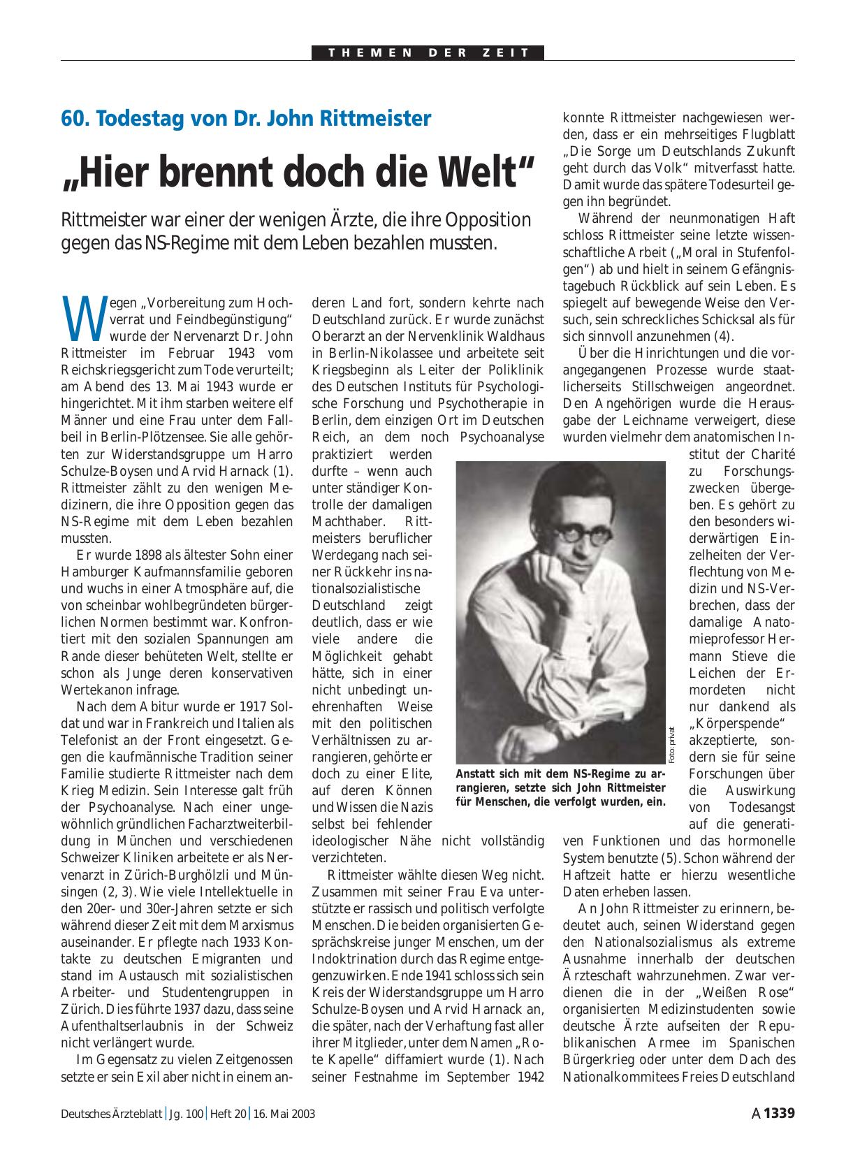 Vorschauseite 1: 60. Todestag von Dr. John Rittmeister: „Hier brennt doch die Welt“