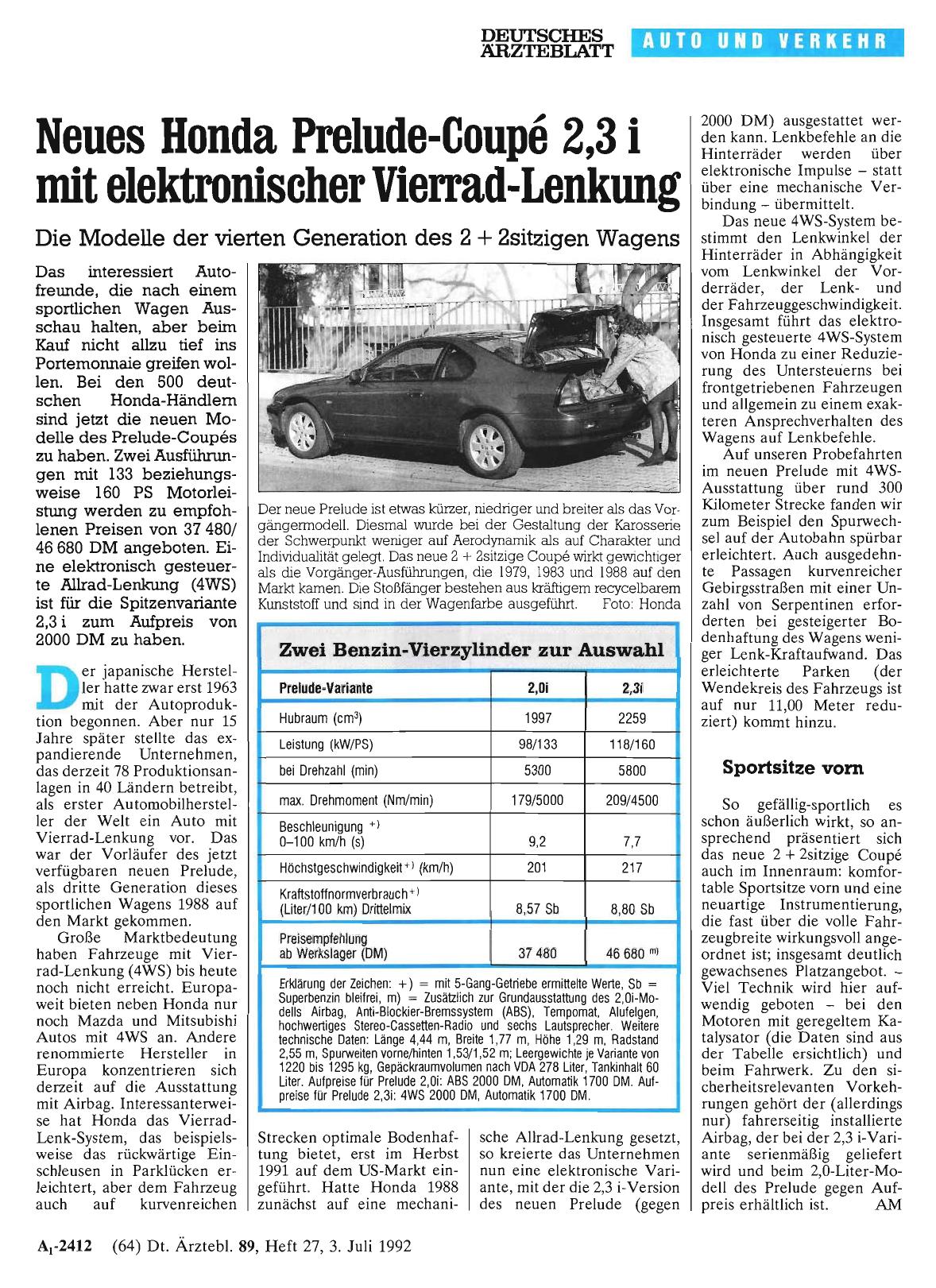Vorschauseite 1: Neues Honda Prelude-Coupé 2, 3 i mit elektronischer Vierrad-Lenkung: Die Modelle der vierten Generation des 2 + 2sitzigen Wagens