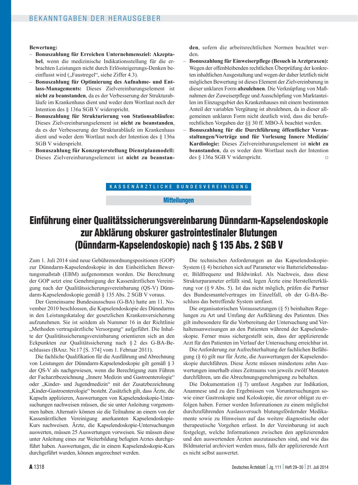 Vorschauseite 1: Einführung einer Qualitätssicherungsvereinbarung Dünndarm-Kapselendoskopie zur Abklärung obskurer gastrointestinaler Blutungen (Dünndarm-Kapselendoskopie) nach § 135 Abs. 2 SGB V