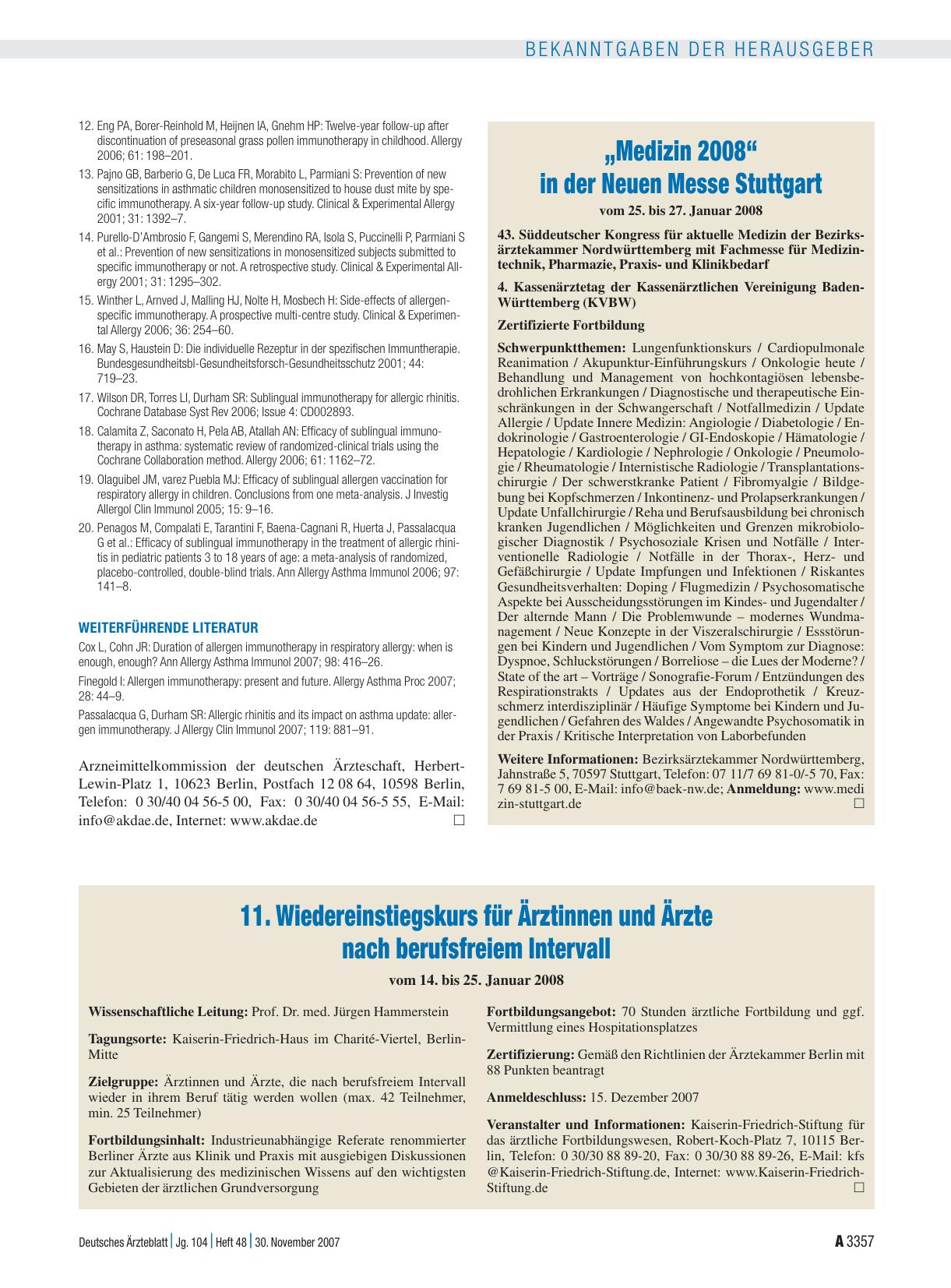 Vorschauseite 1: 11. Wiedereinstiegskurs für Ärztinnen und Ärzte nach berufsfreiem Intervall vom 14. bis 25. Januar 2008