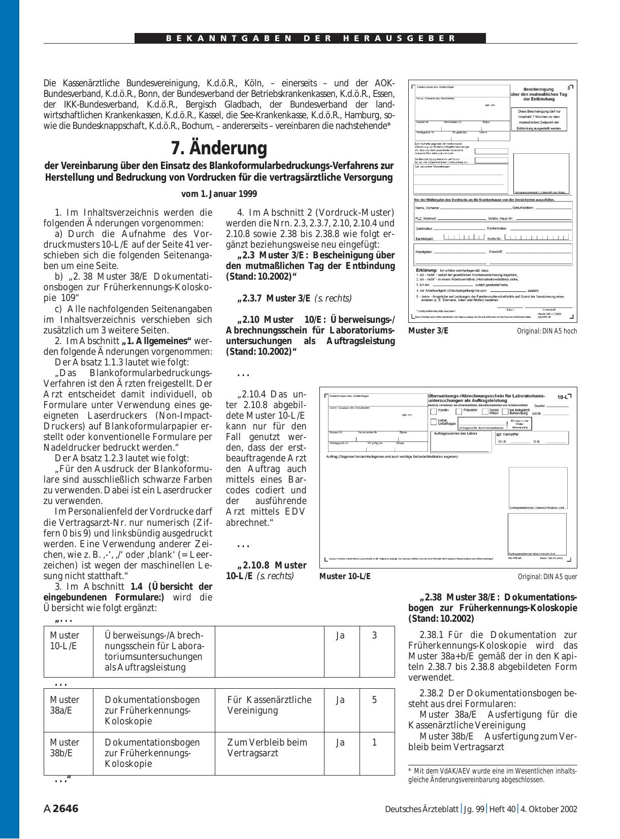 Vorschauseite 1: 7. Änderung der Vereinbarung über den Einsatz des Blankoformularbedruckungs-Verfahrens zur Herstellung und Bedruckung von Vordrucken für die vertragsärztliche Versorgung vom 1. Ja…