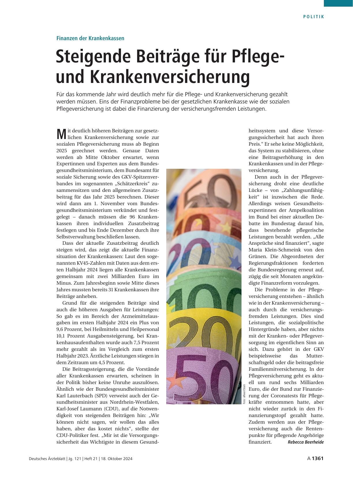 Vorschauseite 1: Finanzen der Krankenkassen: Steigende Beiträge für Pflegeund Krankenversicherung