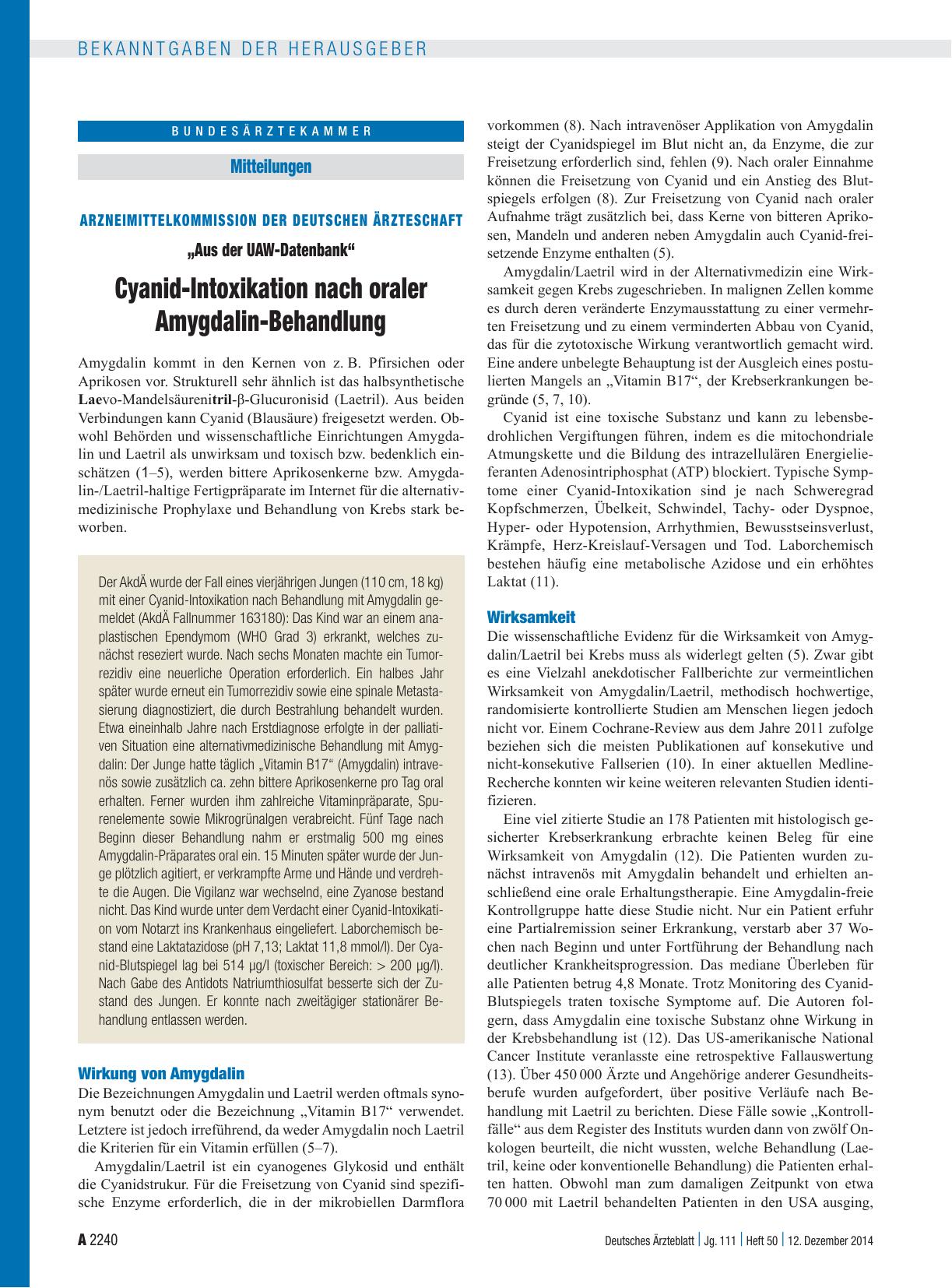 Vorschauseite 1: Arzneimittelkommission der Deutschen Ärzteschaft – „Aus der UAW-Datenbank“: Cyanid-Intoxikation nach oraler Amygdalin-Behandlung