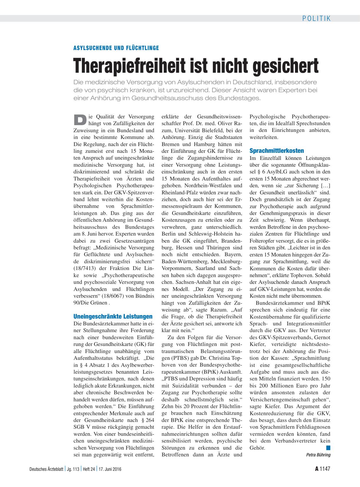 Vorschauseite 1: Asylsuchende und Flüchtlinge: Therapiefreiheit ist nicht gesichert