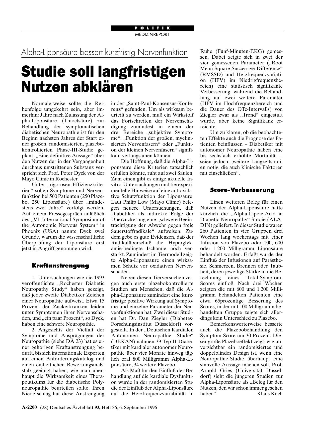 Vorschauseite 1: Alpha-Liponsäure bessert kurzfristig Nervenfunktion: Studie soll langfristigen Nutzen abklären