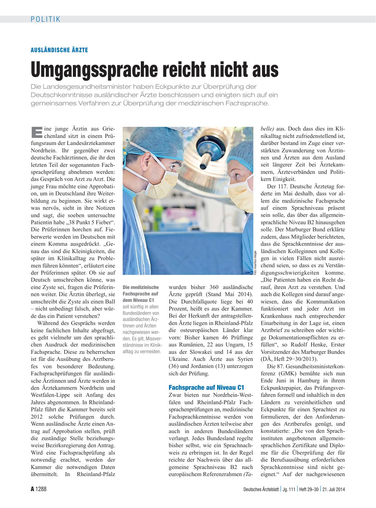 Vorschauseite 1: Ausländische Ärzte: Umgangssprache reicht nicht aus