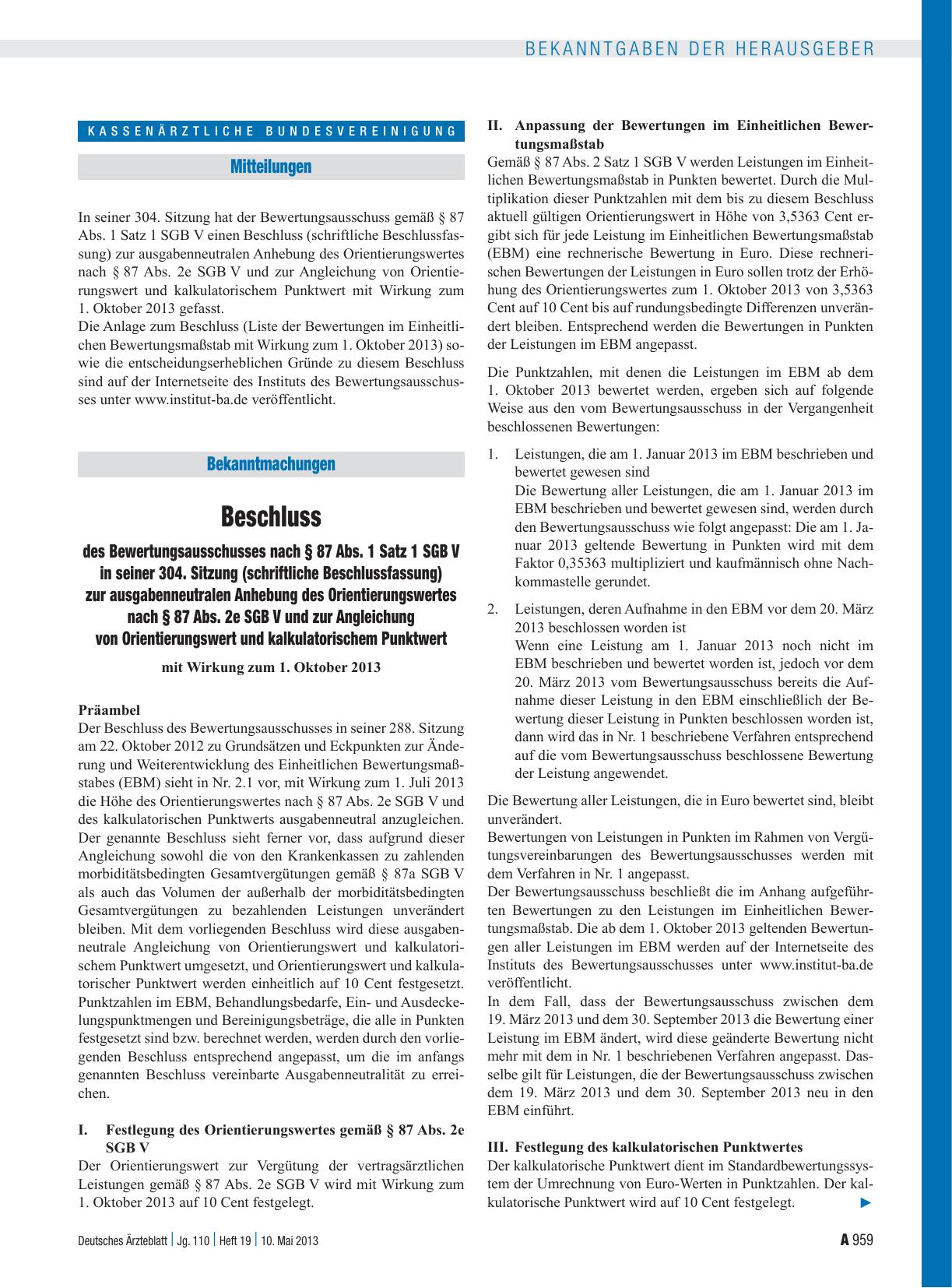 Vorschauseite 1: Beschluss des Bewertungsausschusses nach § 87 Abs. 1 Satz 1 SGB V in seiner 304. Sitzung (schriftliche Beschlussfassung) zur ausgabenneutralen Anhebung des Orientierungswertes nac…