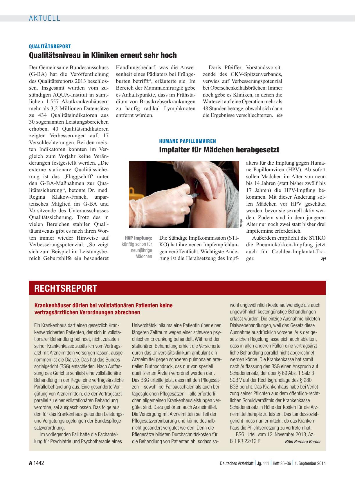 Vorschauseite 1: Qualitätsreport: Qualitätsniveau in Kliniken erneut sehr hoch