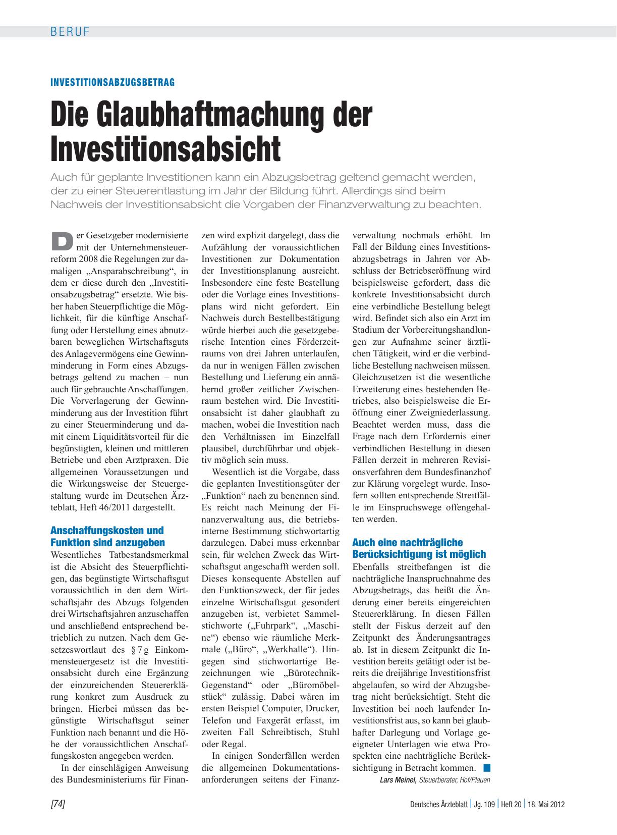 Vorschauseite 1: Investitionsabzugsbetrag: Die Glaubhaftmachung der Investitionsabsicht