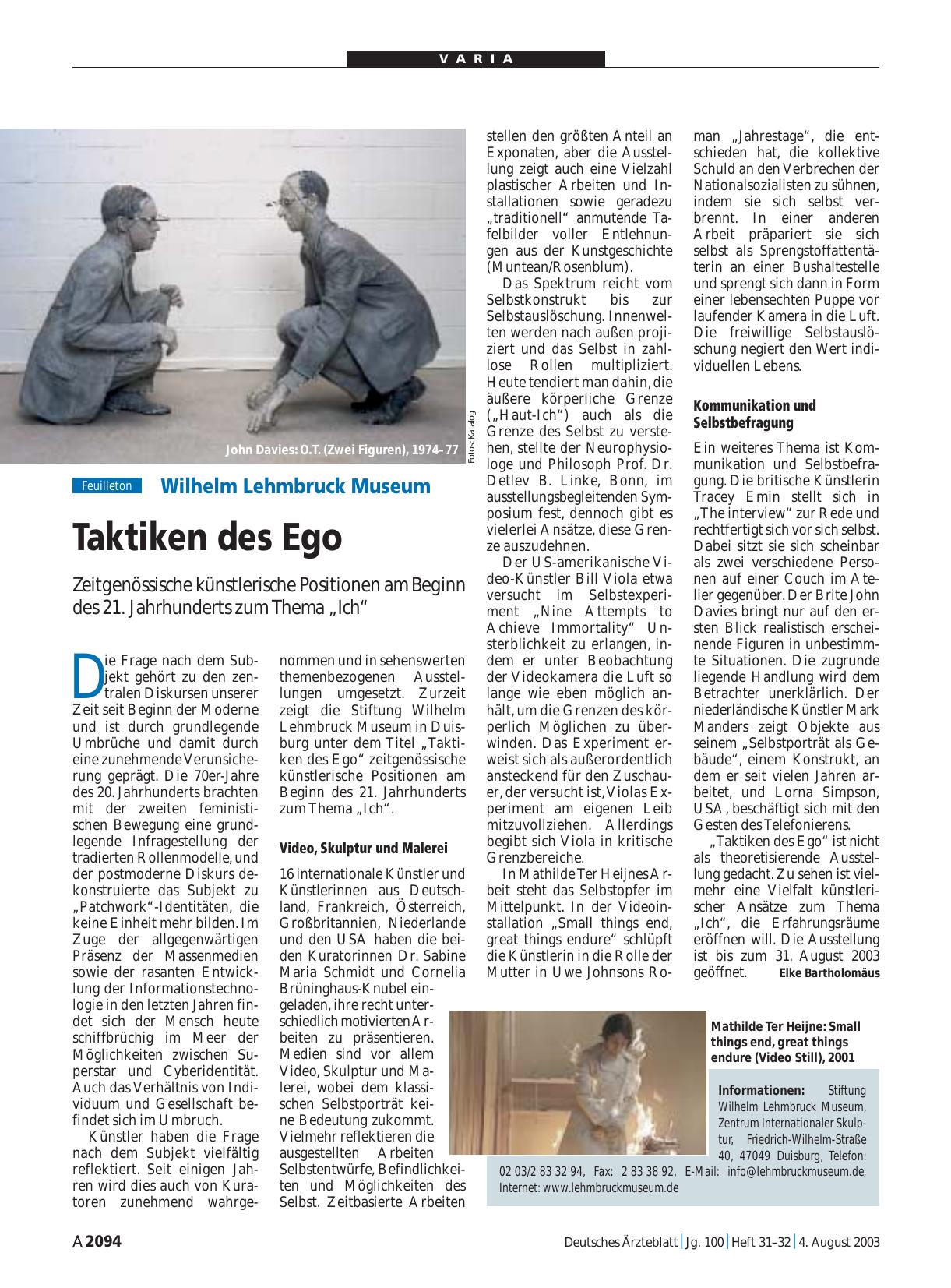 Vorschauseite 1: Wilhelm Lehmbruck Museum: Taktiken des Ego