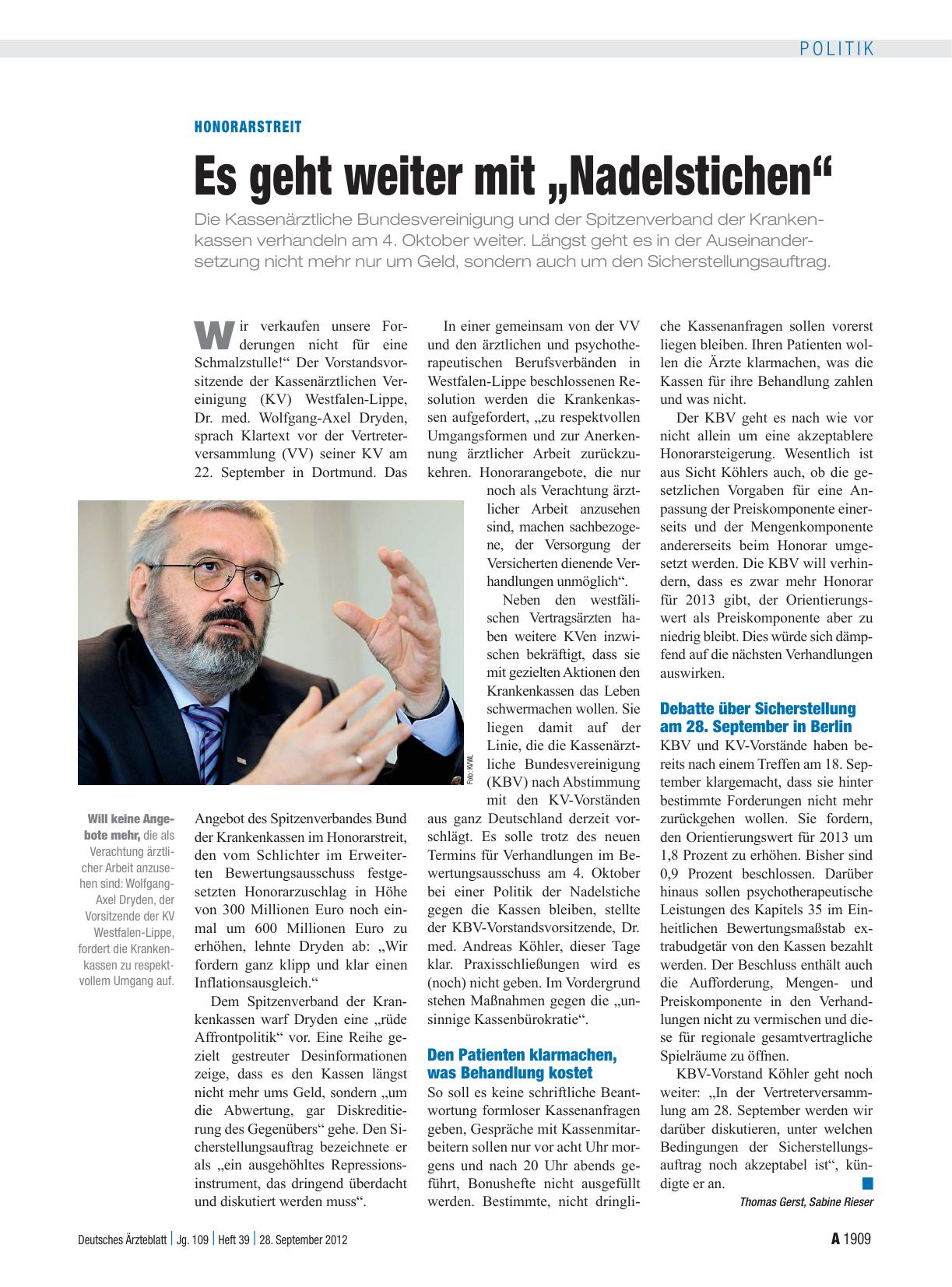 Vorschauseite 1: Honorarstreit: Es geht weiter mit „Nadelstichen“