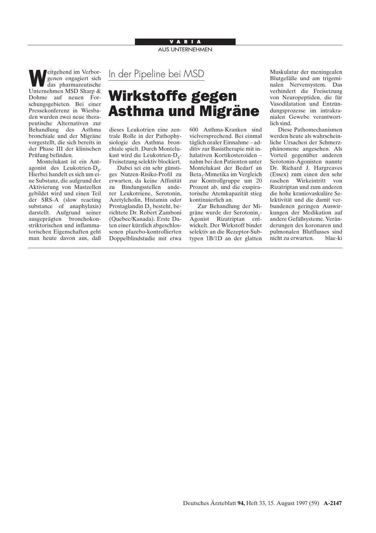 Vorschauseite 1: In der Pipeline bei MSD: Wirkstoffe gegen Asthma und Migräne
