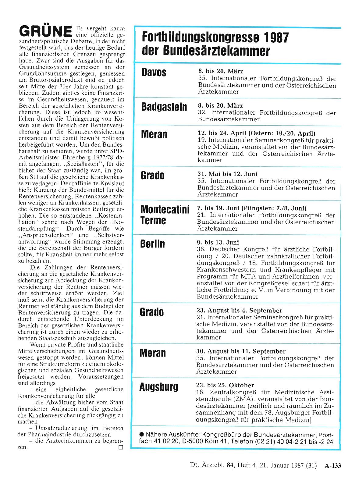 Vorschauseite 1: Fortbildungskongresse 1987 der Bundesärztekammer