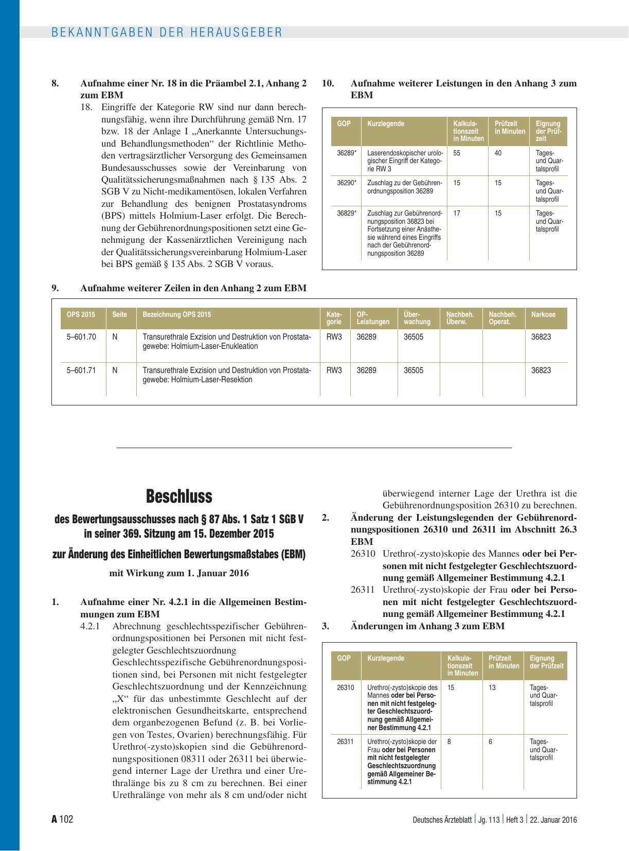 Vorschauseite 1: Beschluss des Bewertungsausschusses nach § 87 Abs. 1 Satz 1 SGB V in seiner 369. Sitzung am 15. Dezember 2015 zur Änderung des Einheitlichen Bewertungsmaßstabes (EBM)