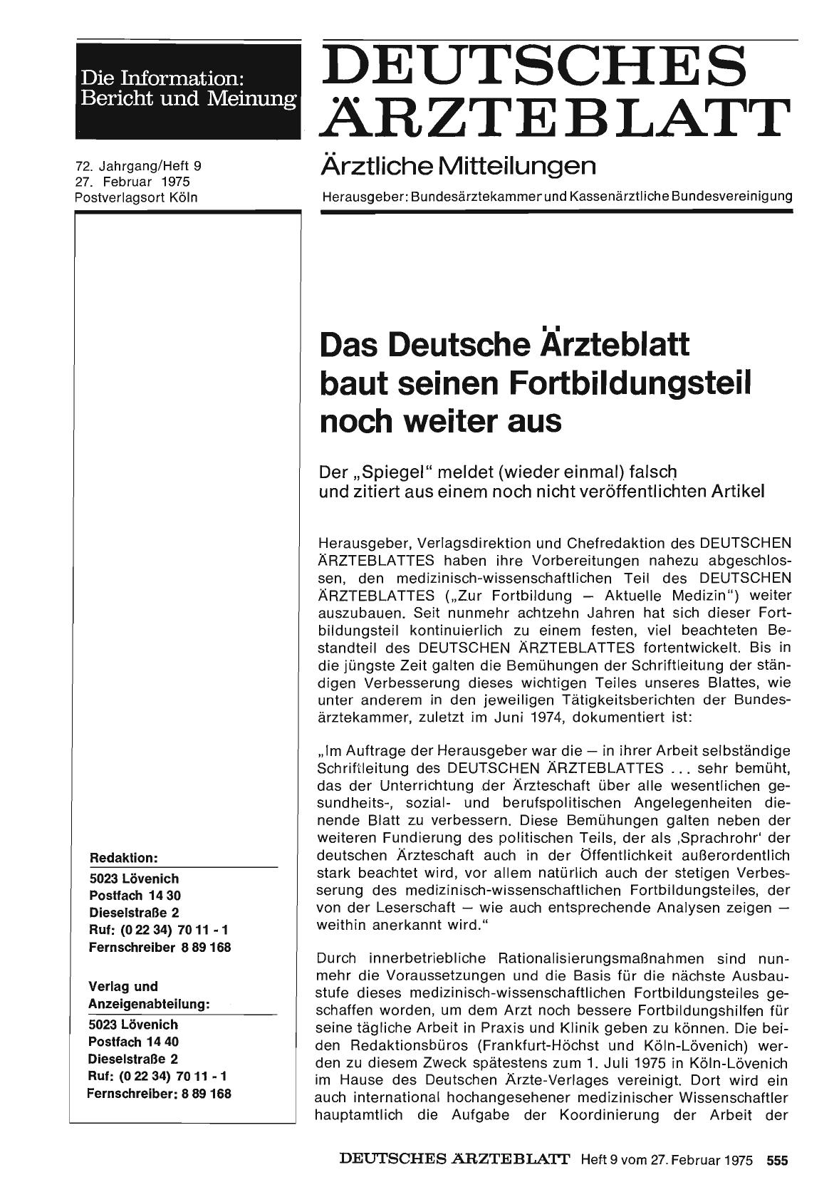 Vorschauseite 1: Das Deutsche Ärzteblatt baut seinen Fortbildungsteil noch weiter aus