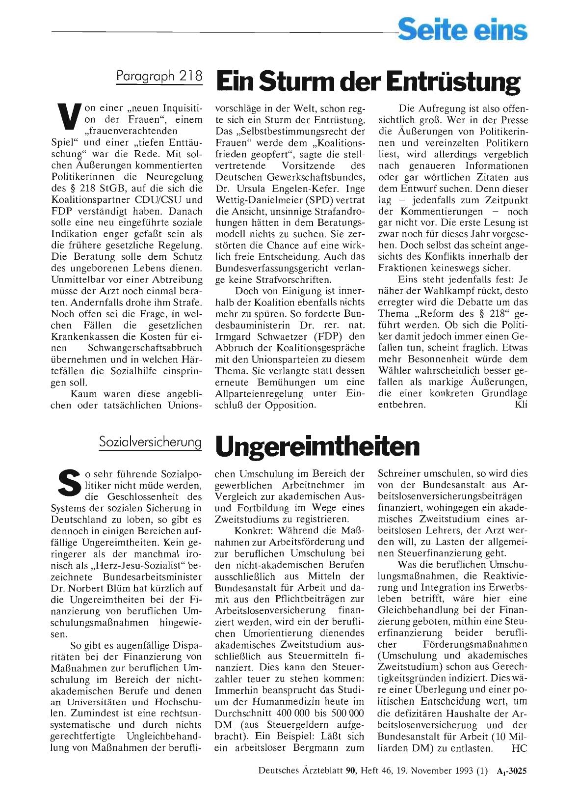 Vorschauseite 1: Paragraph 218: Ein Sturm der Entrüstung