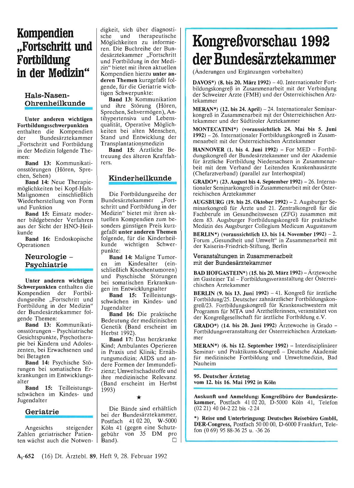 Vorschauseite 1: Kongreßvorschau 1992 der Bundesärztekammer