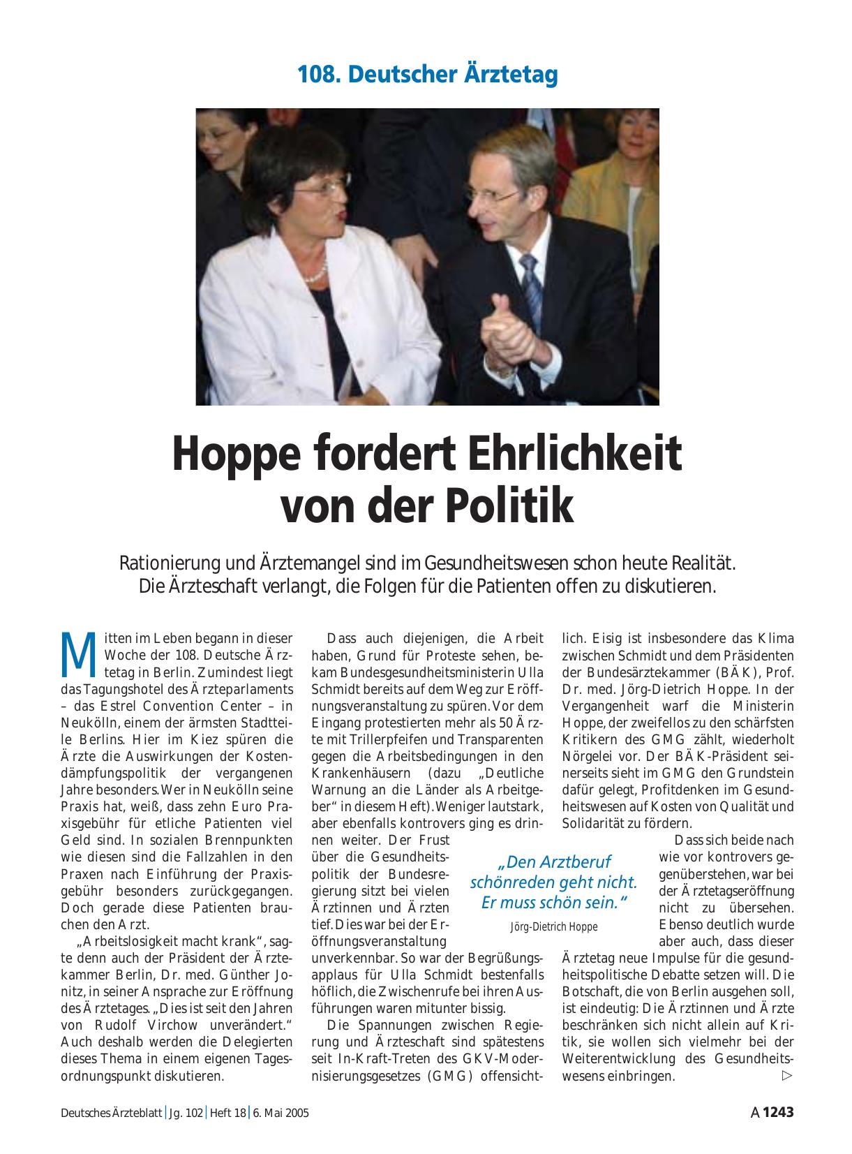 Vorschauseite 1: 108. Deutscher Ärztetag: Hoppe fordert Ehrlichkeit von der Politik
