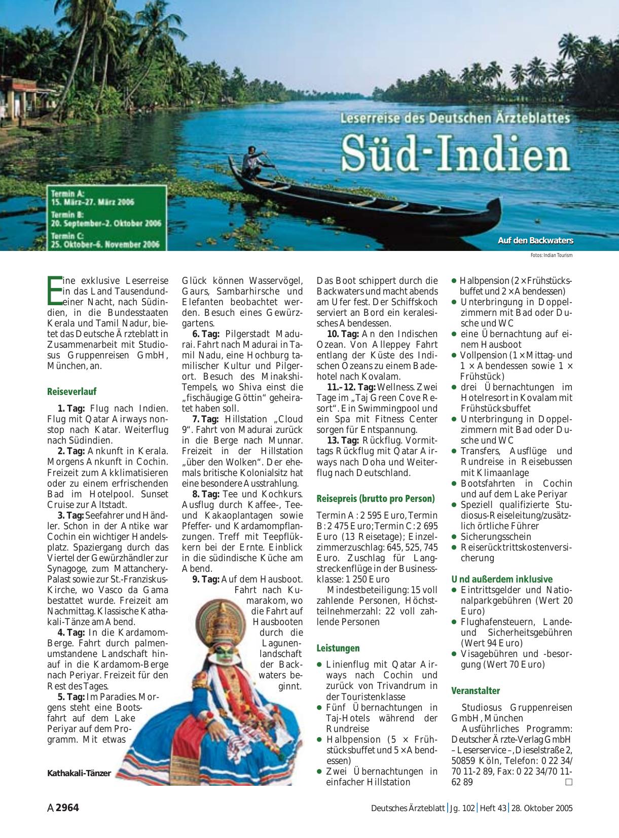 Vorschauseite 1: Leserreise des Deutschen Ärzteblattes: Süd-Indien