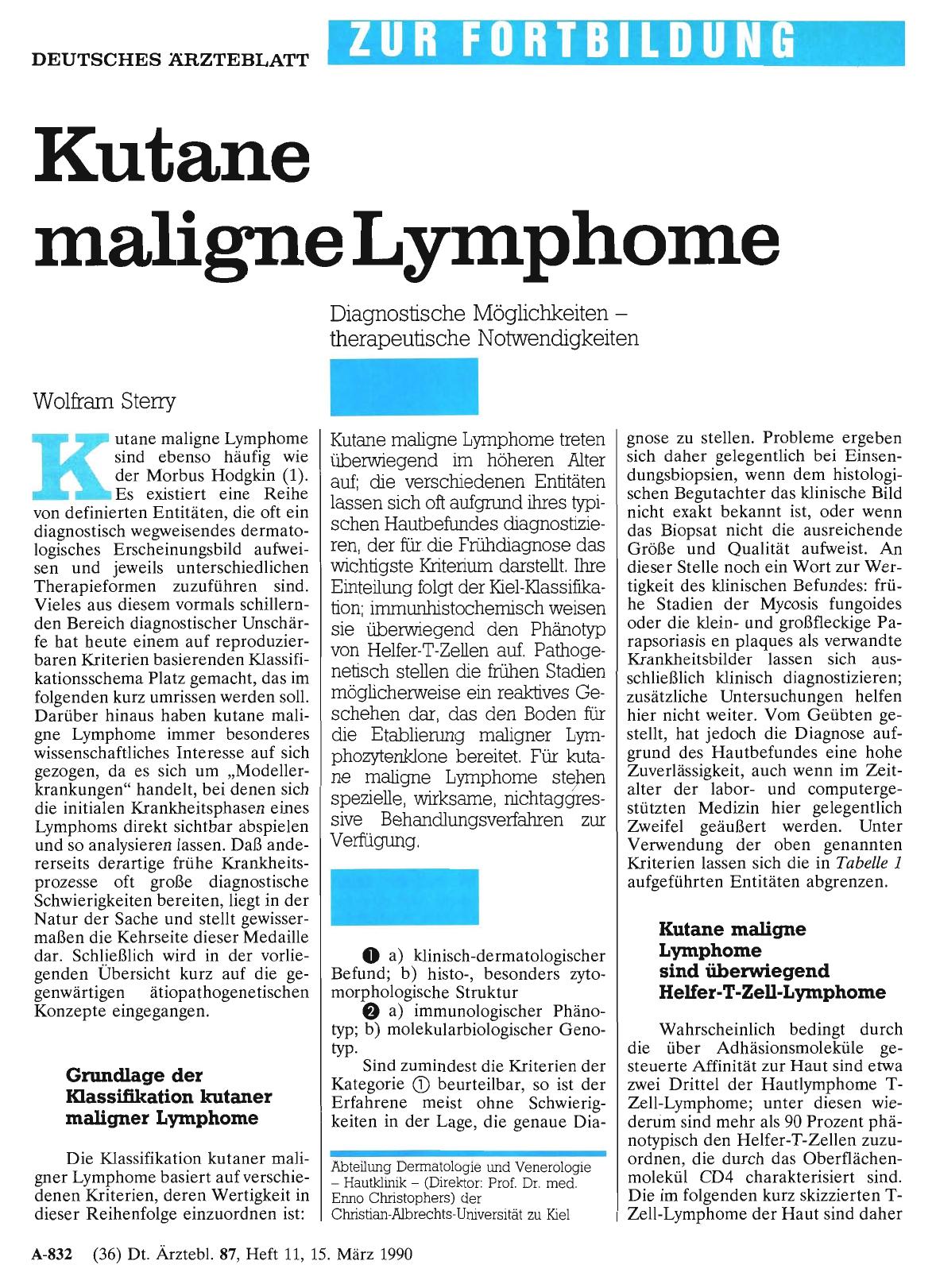 Vorschauseite 1: Kutane maligne Lymphome: Diagnostische Möglichkeiten — therapeutische Notwendigkeiten