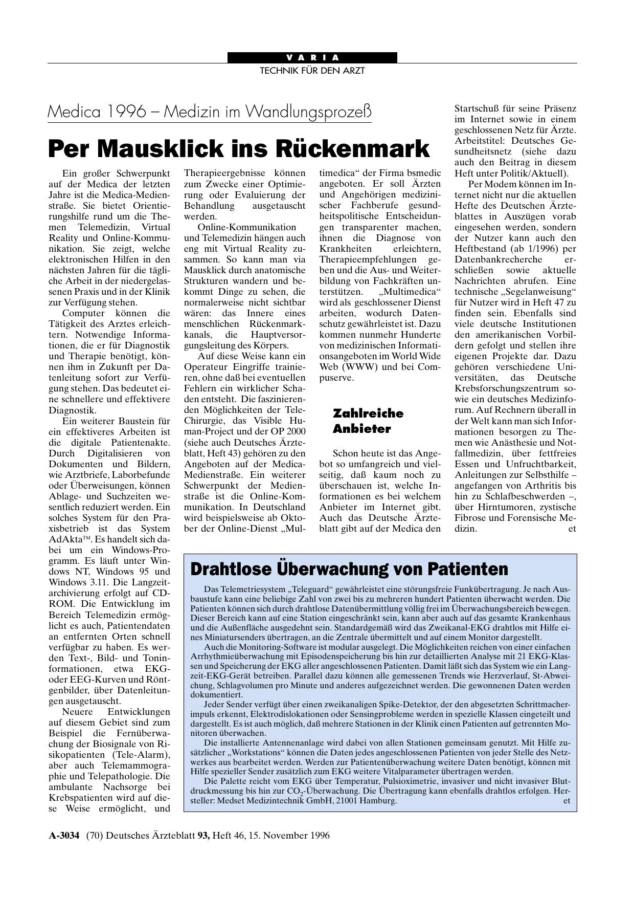 Vorschauseite 1: Medica 1996 – Medizin im Wandlungsprozeß: Per Mausklick ins Rückenmark