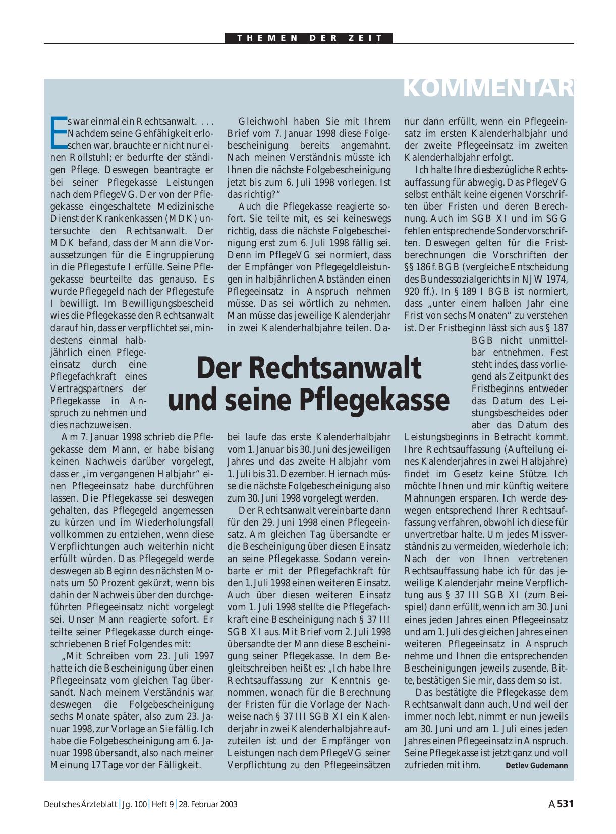 Vorschauseite 1: Der Rechtsanwalt und seine Pflegekasse