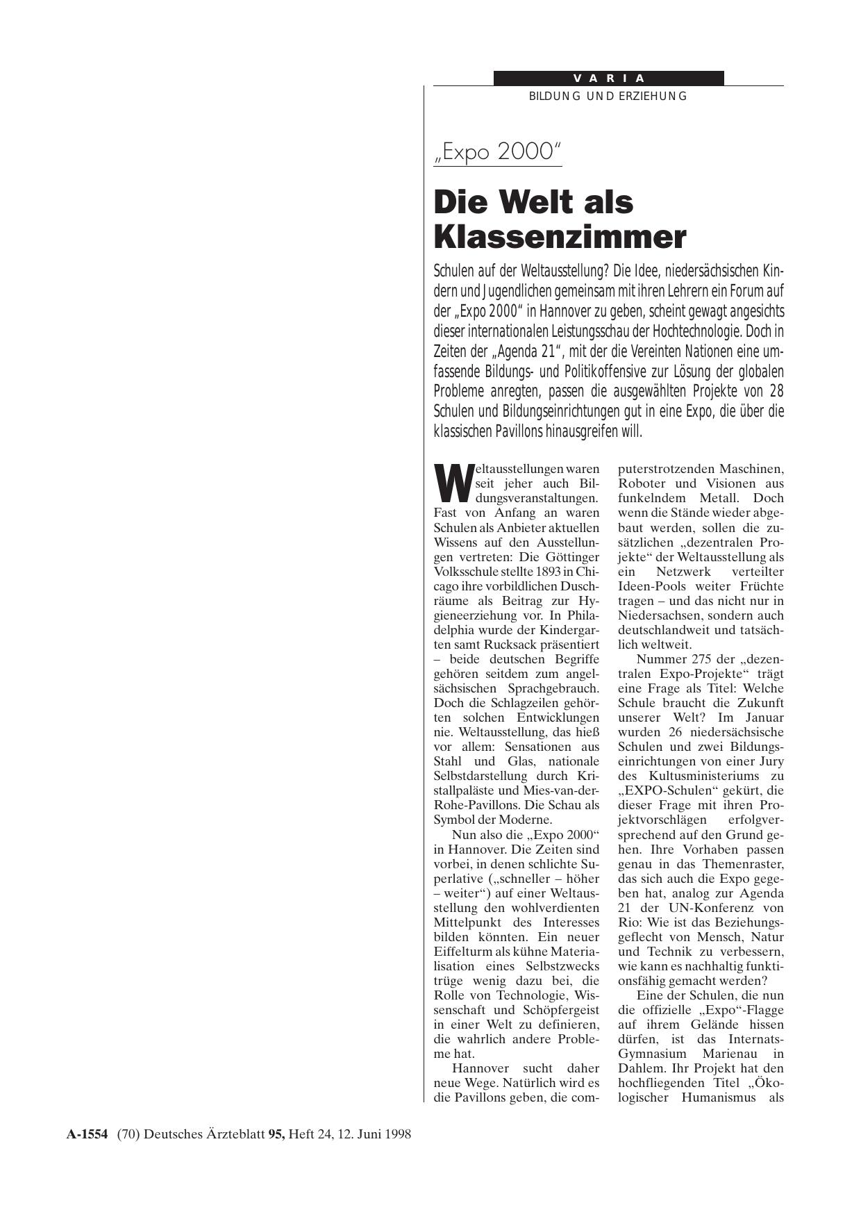 Vorschauseite 1: „Expo 2000„: Die Welt als Klassenzimmer