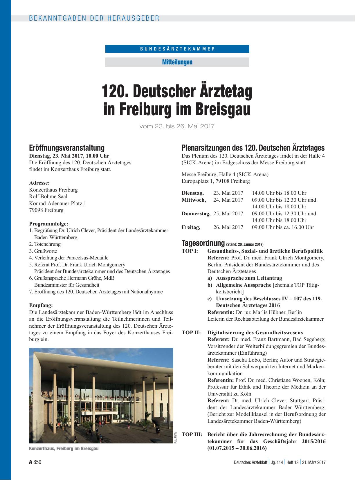 Vorschauseite 1: 120. Deutscher Ärztetag in Freiburg im Breisgau