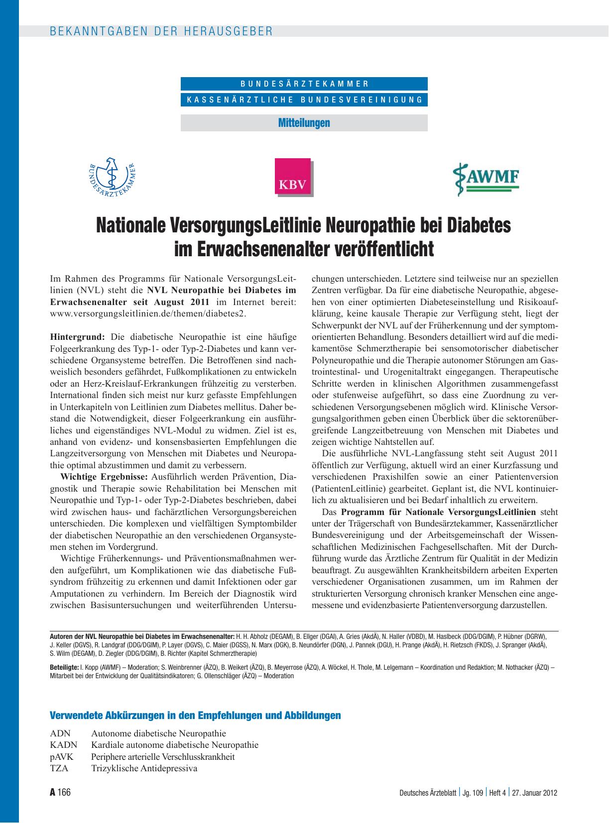 Vorschauseite 1: Nationale VersorgungsLeitlinie Neuropathie bei Diabetes im Erwachsenenalter veröffentlicht