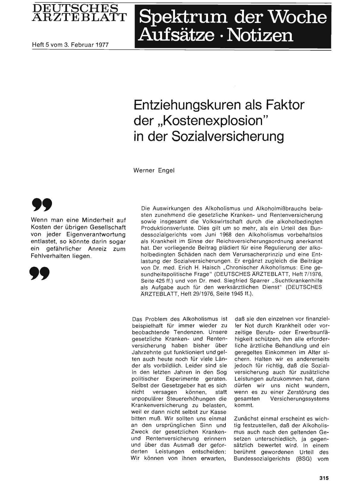 Vorschauseite 1: Entziehungskuren als Faktor der „Kostenexplosion“ in der Sozialversicherung