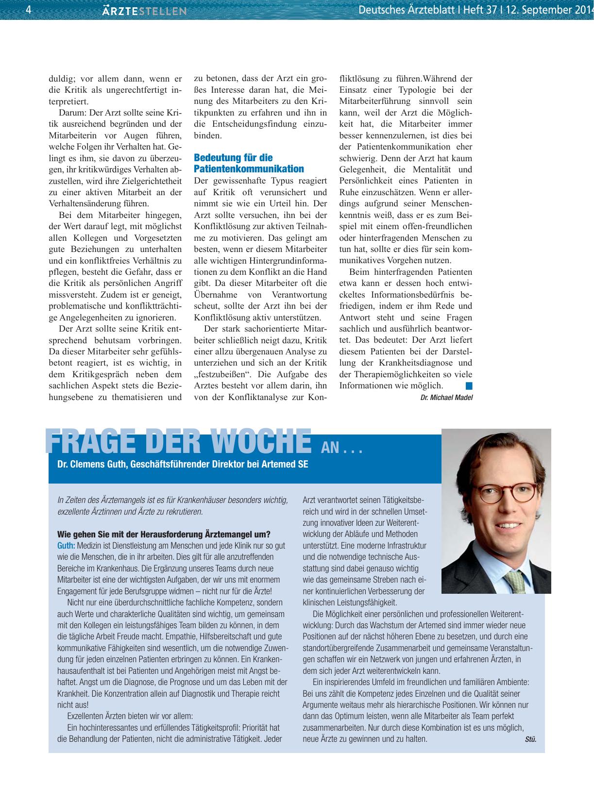 Vorschauseite 1: Frage der Woche an. .. Dr. Clemens Guth, Geschäftsführender Direktor bei Artemed SE